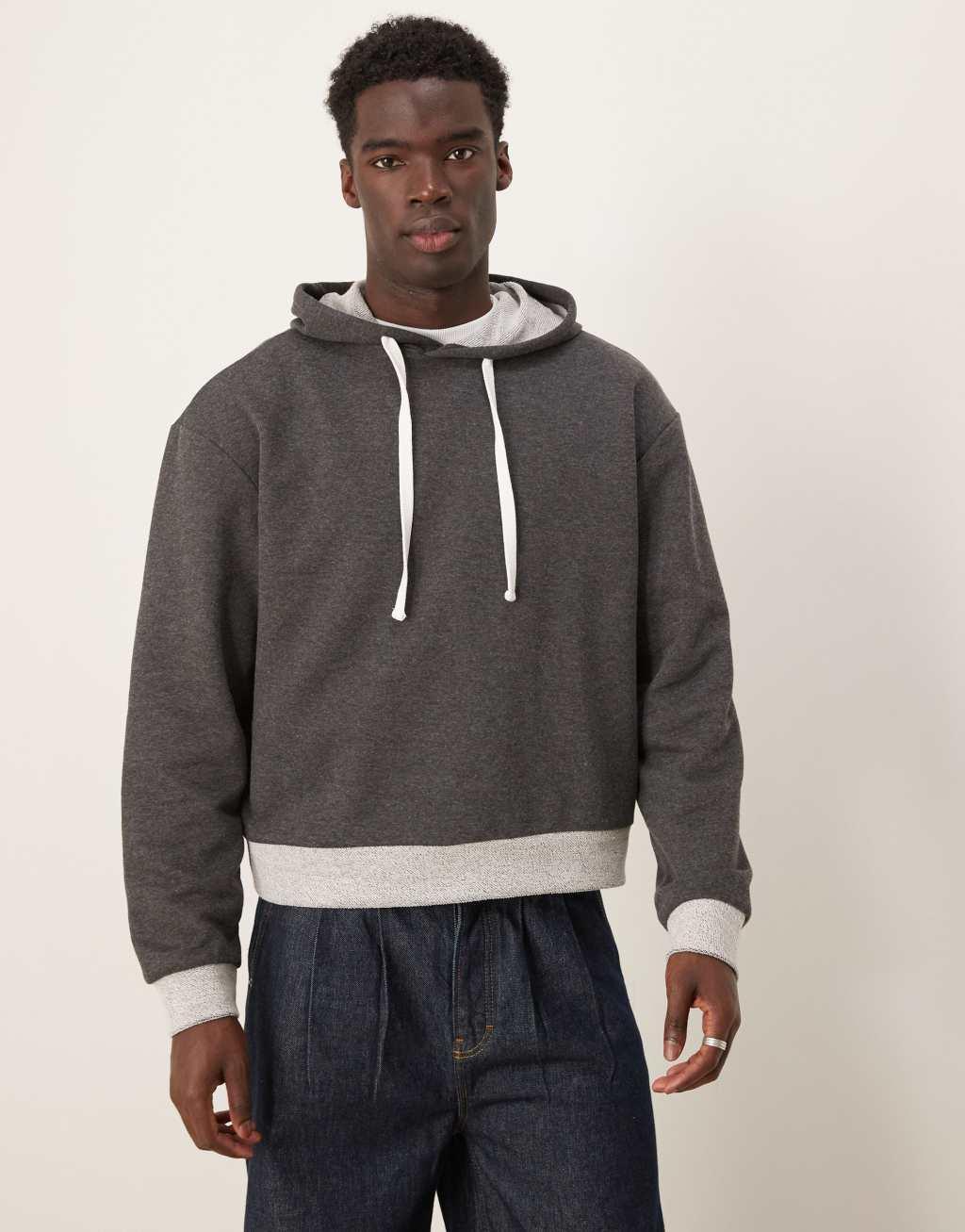 ASOS DESIGN oversized boxy hoodie with contrast hem in charcoal Product Image