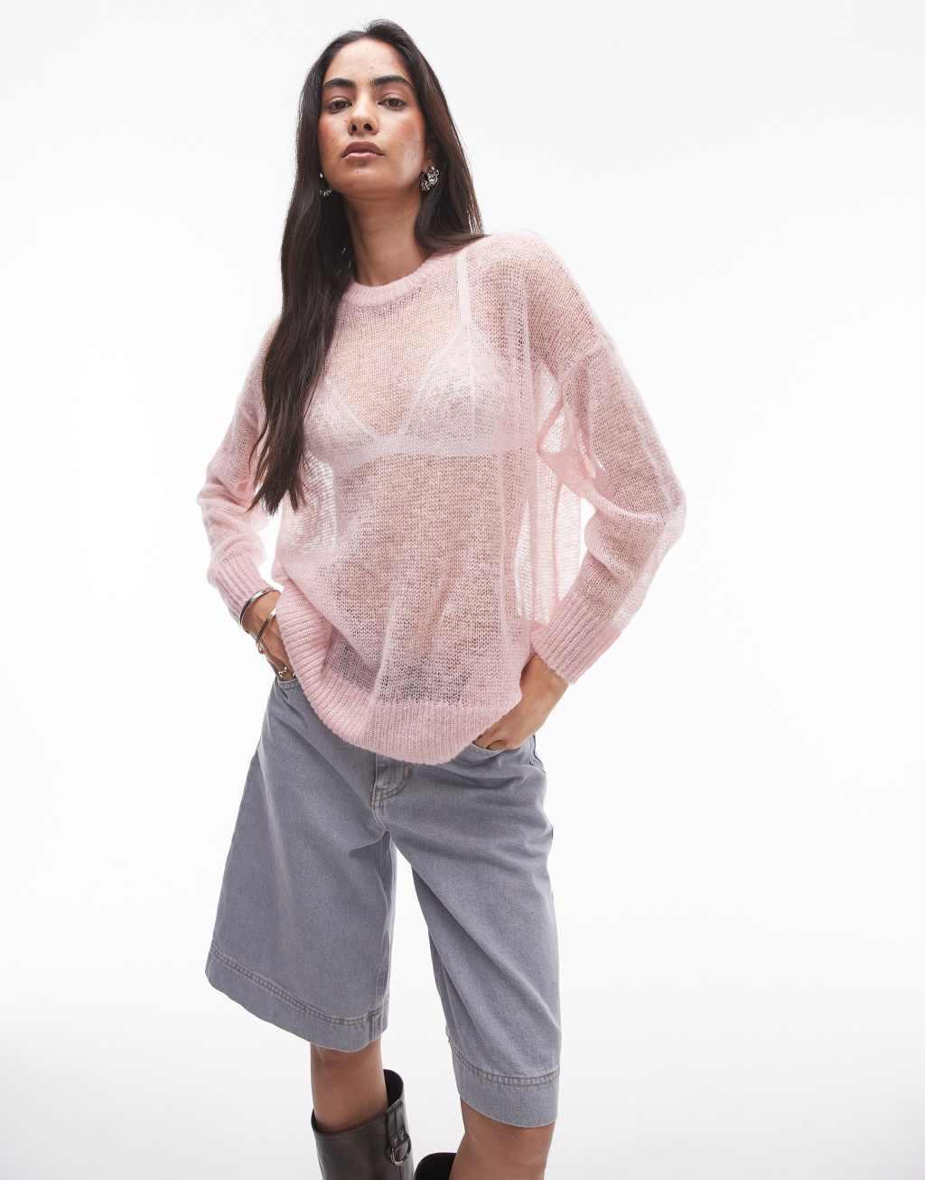 Topshop knit sheer longline sweater in pink Product Image