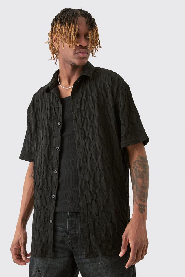 Tall Short Sleeve Oversized Jacquard Shirt In Black | boohooMAN USA Product Image