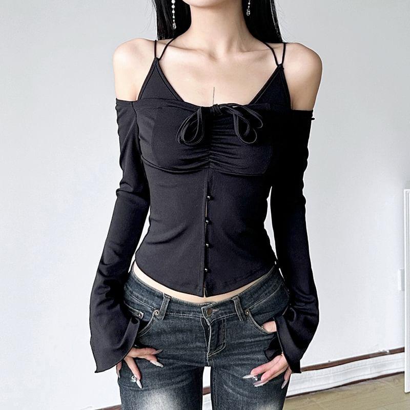 Long-Sleeve Halter Neck Cold Shoulder Plain Ruched Button-Up Crop Top Product Image