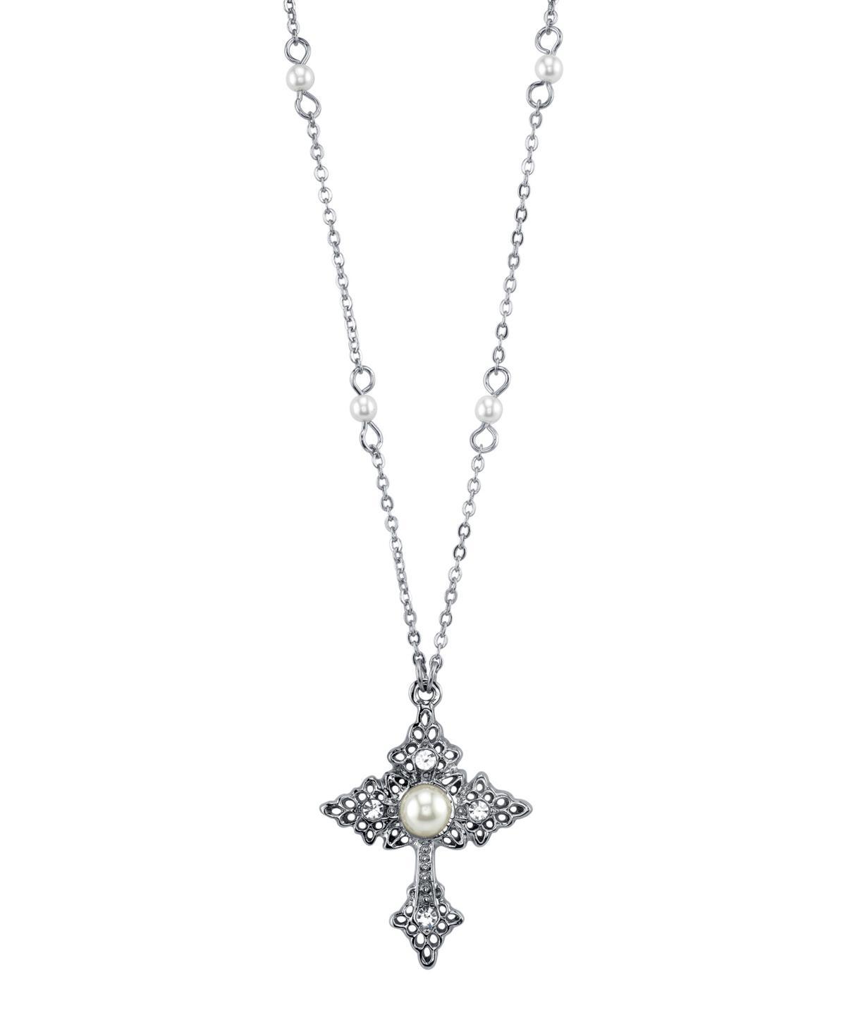 1928 Simulated Pearl Cross Pendant Necklace, Womens Silver Tone Product Image