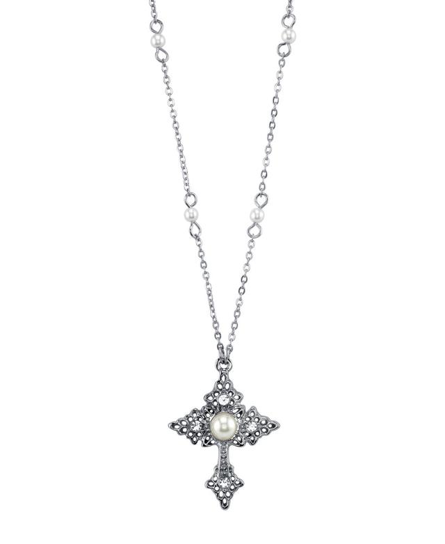 1928 Simulated Pearl Cross Pendant Necklace, Womens Silver Tone Product Image