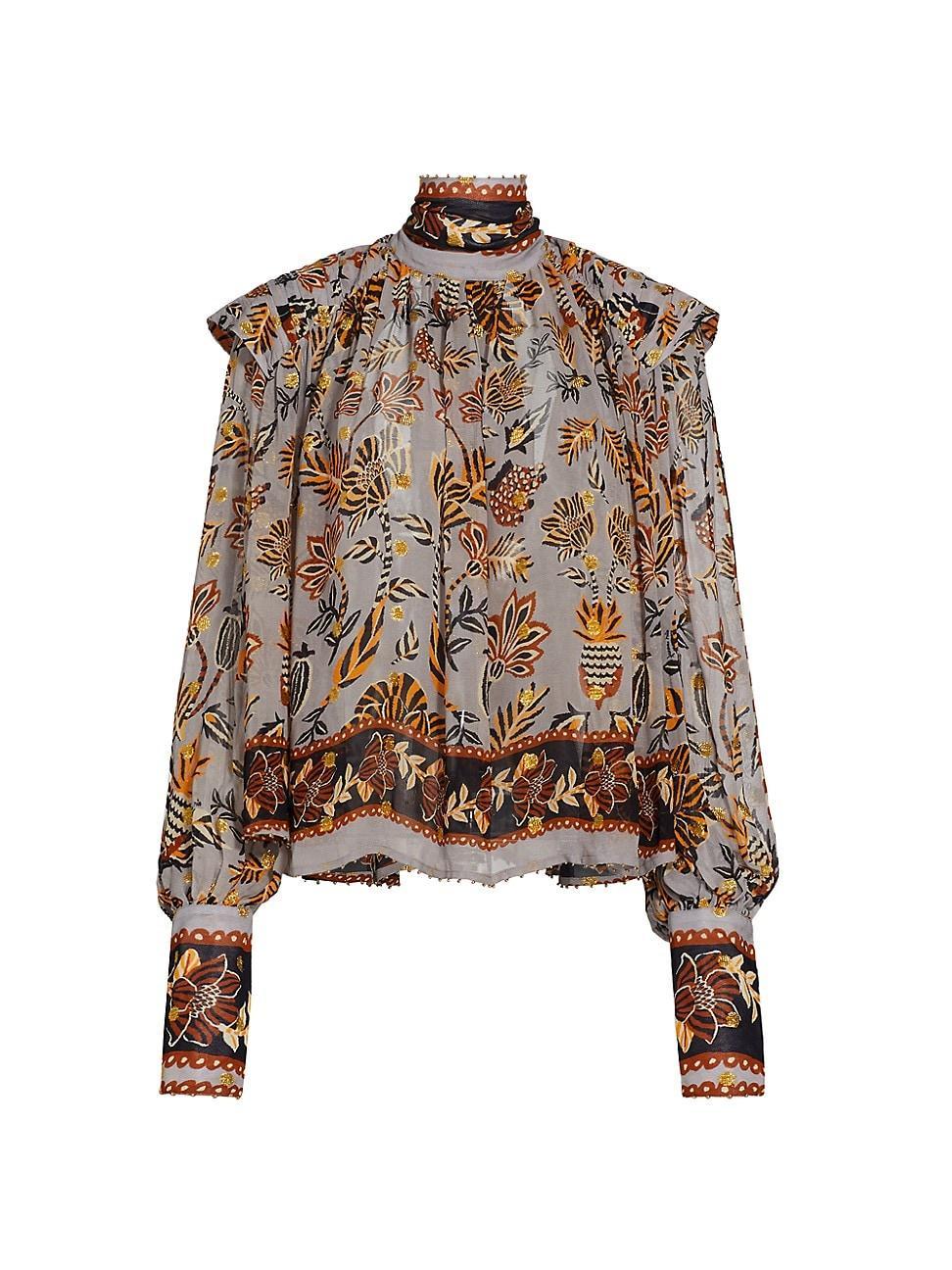 FARM Rio Metallic Floral Beehive Tapestry Long Sleeve Blouse Product Image