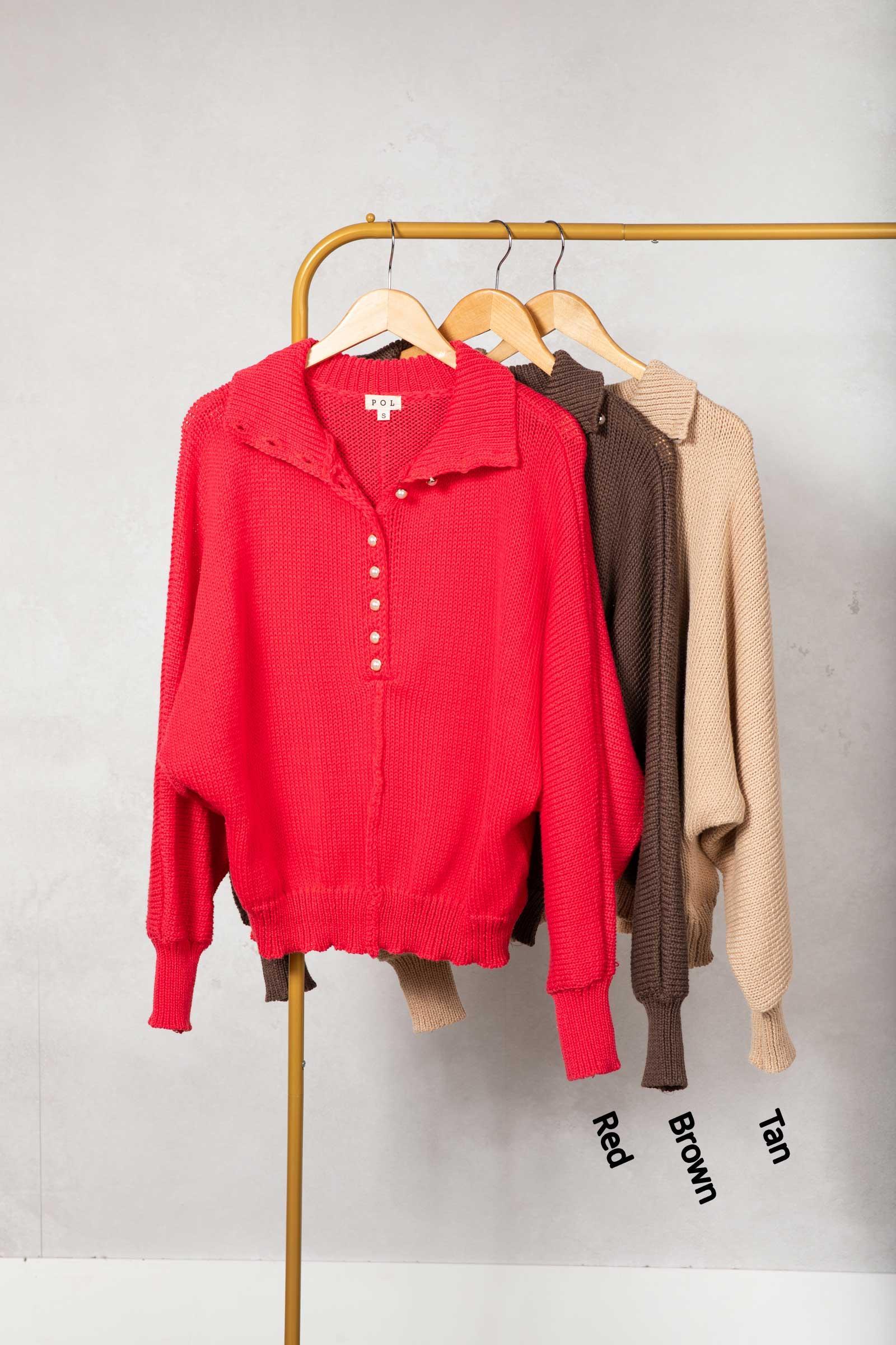 Dolman Sleeve Mock Neck Pearl Button Sweater Product Image