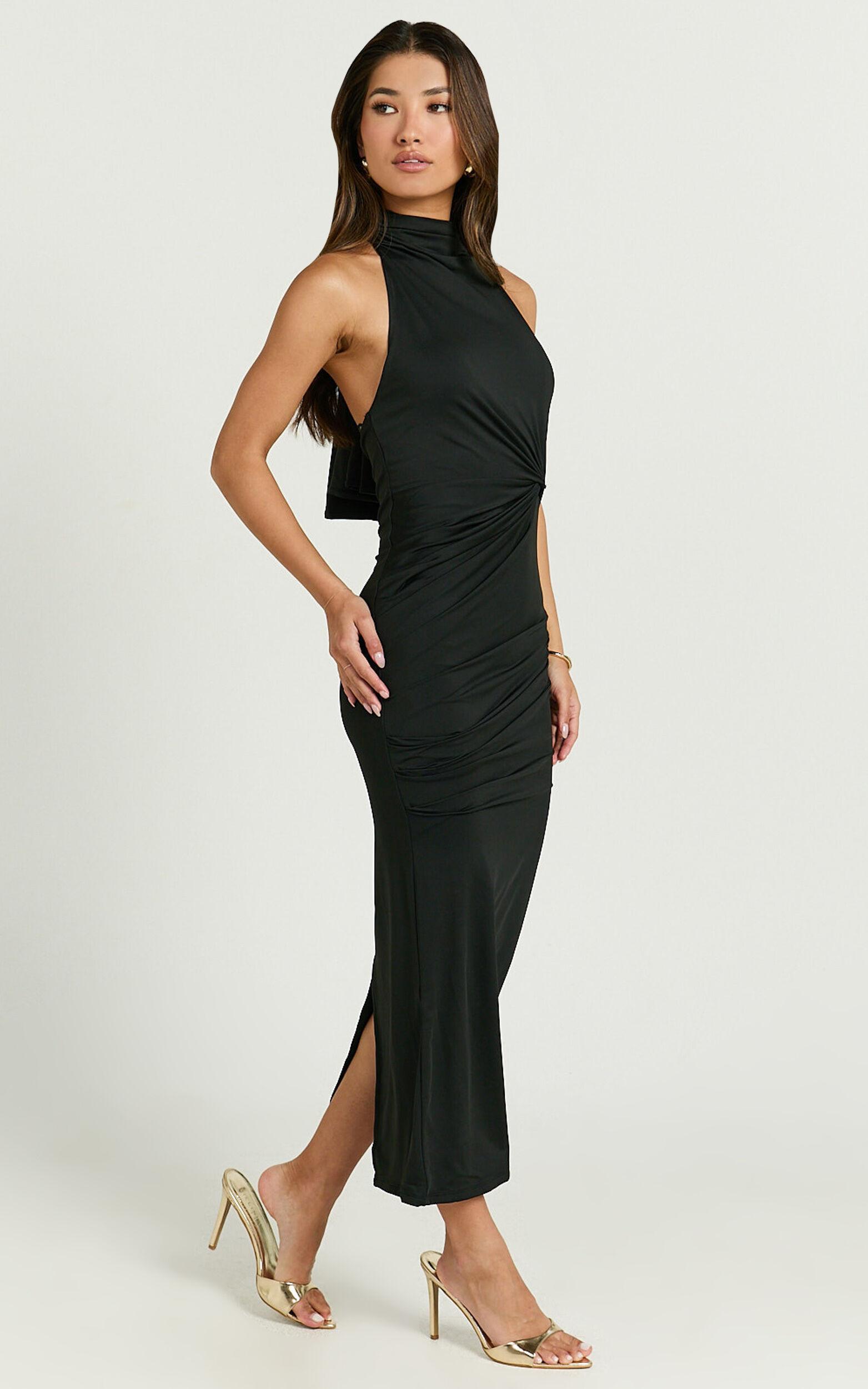 Olenna Midi Dress - Halter Neck Twist Detail Tie Back Dress in Black Product Image