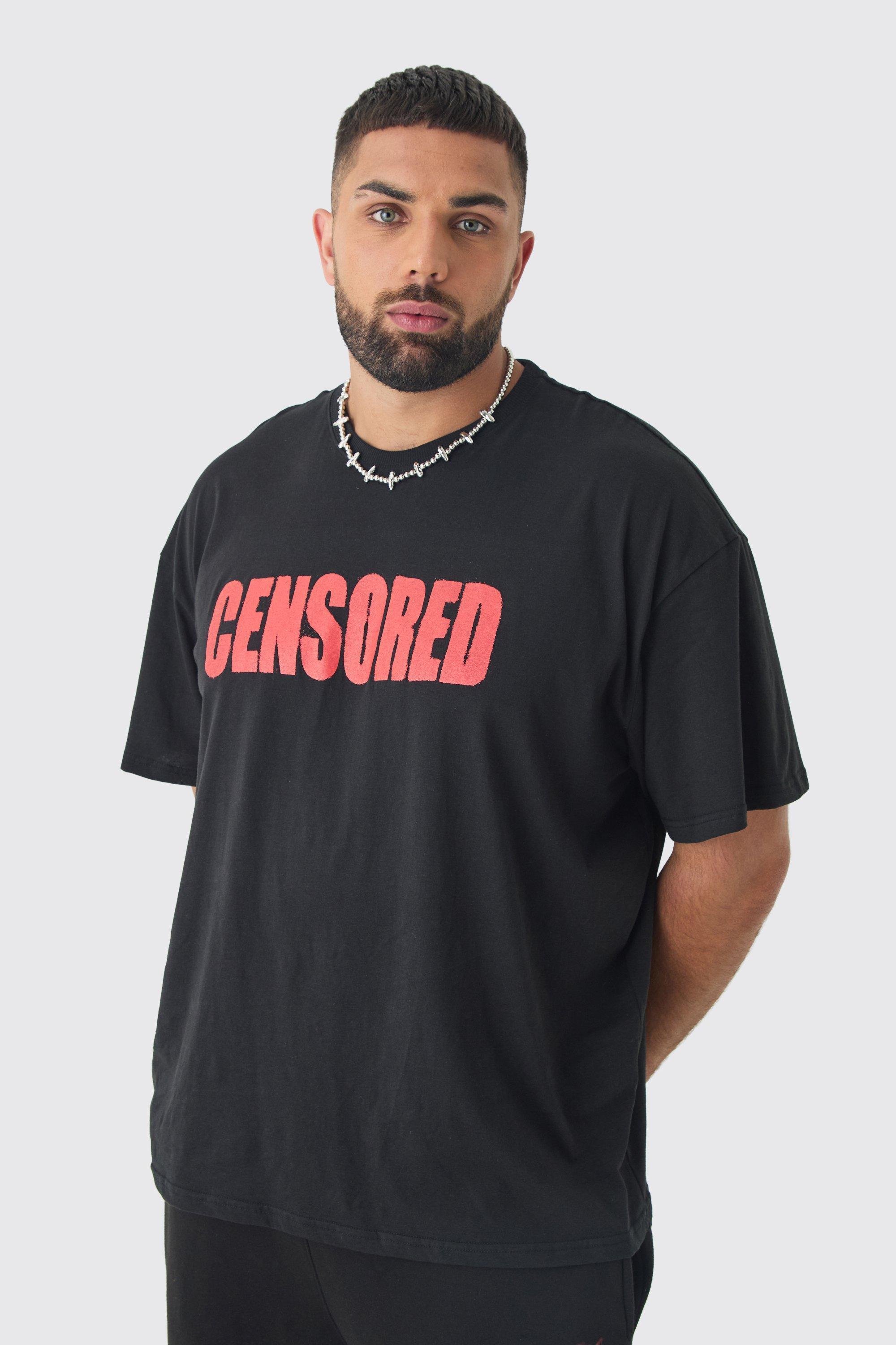 Plus Censored Oversized Print T-shirt in Black | boohooMAN USA Product Image