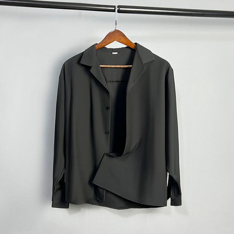 Long-Sleeve Lapel Collar Plain Button-Up Shirt Product Image