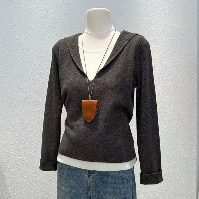 V-Neck Two Tone Mock Two-Piece Sweater Product Image