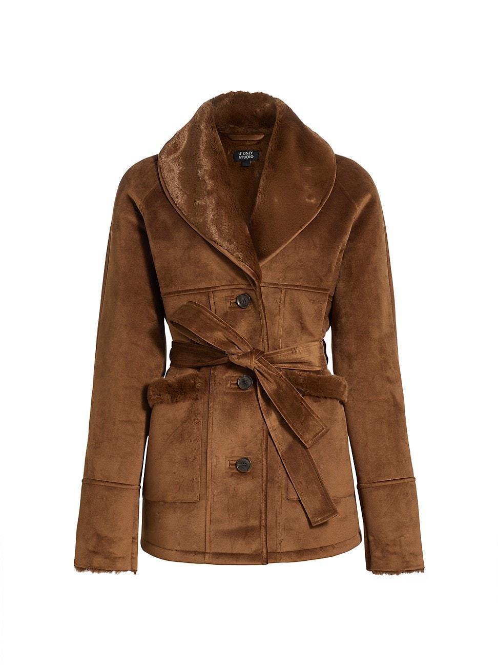 Womens Belted Faux-Shearling Coat product image