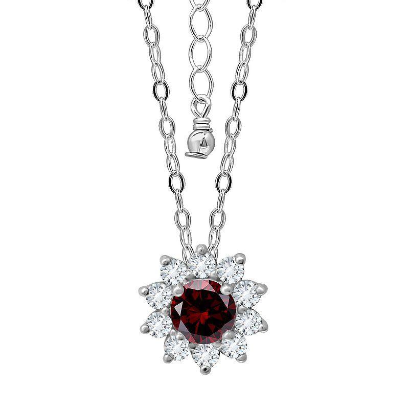 Aleure Precioso Sterling Silver Gemstone & White Topaz Halo Pendant Necklace, Womens Silver Tone Red Product Image