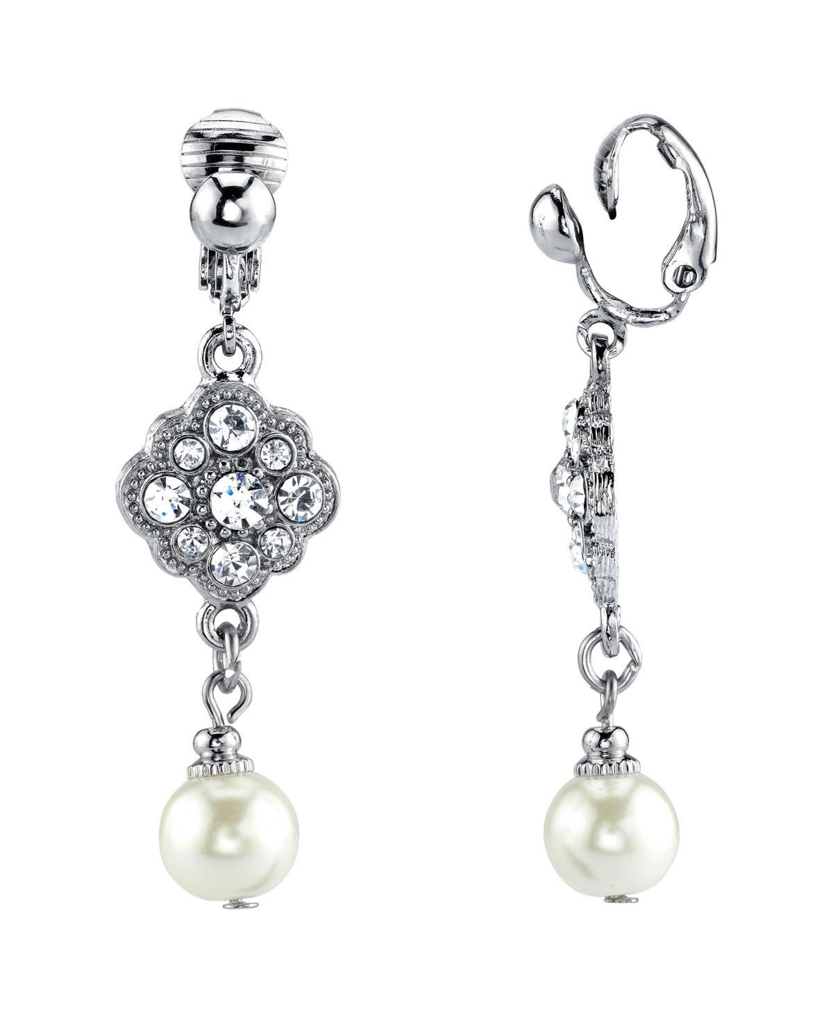 1928 Silver Tone Simulated Stone & Pearl Clip-On Linear Drop Earrings, Womens, White Product Image