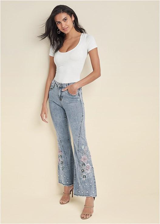 Floral Applique Wide Leg Jeans Product Image