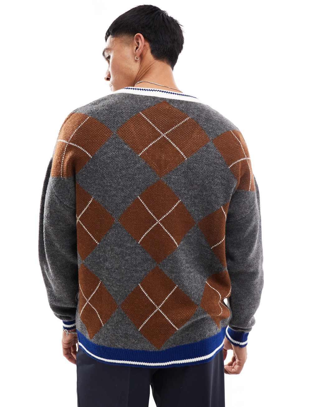 ASOS DESIGN relaxed boxy fit knitted sweater in gray and brown argyle pattern Product Image