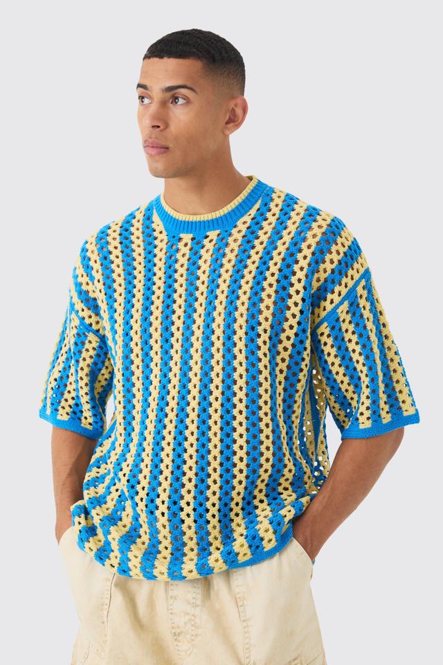 Oversized Boxy Open Stitch Stripe Knit T-shirt | boohooMAN USA Product Image