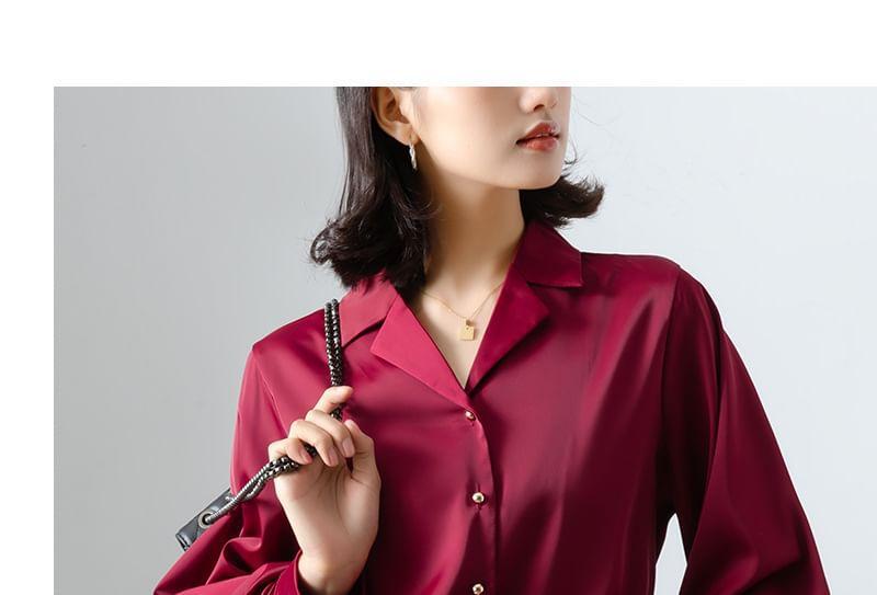 Balloon Sleeve Lapel Collar Plain Button Shirt Product Image