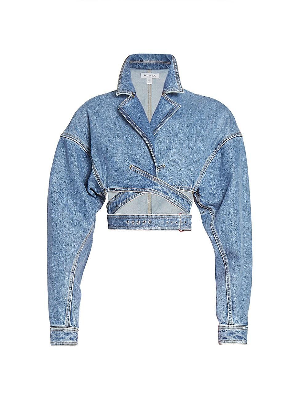 Womens Denim Cropped Belted Wrap Jacket Product Image