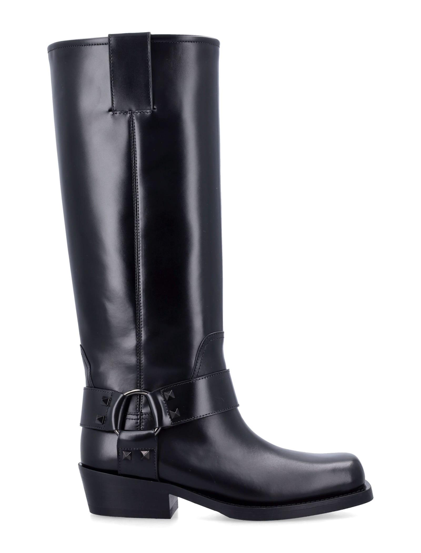 VALENTINO GARAVANI Rockstud Biker Knee-high Leather Boots In Black Product Image