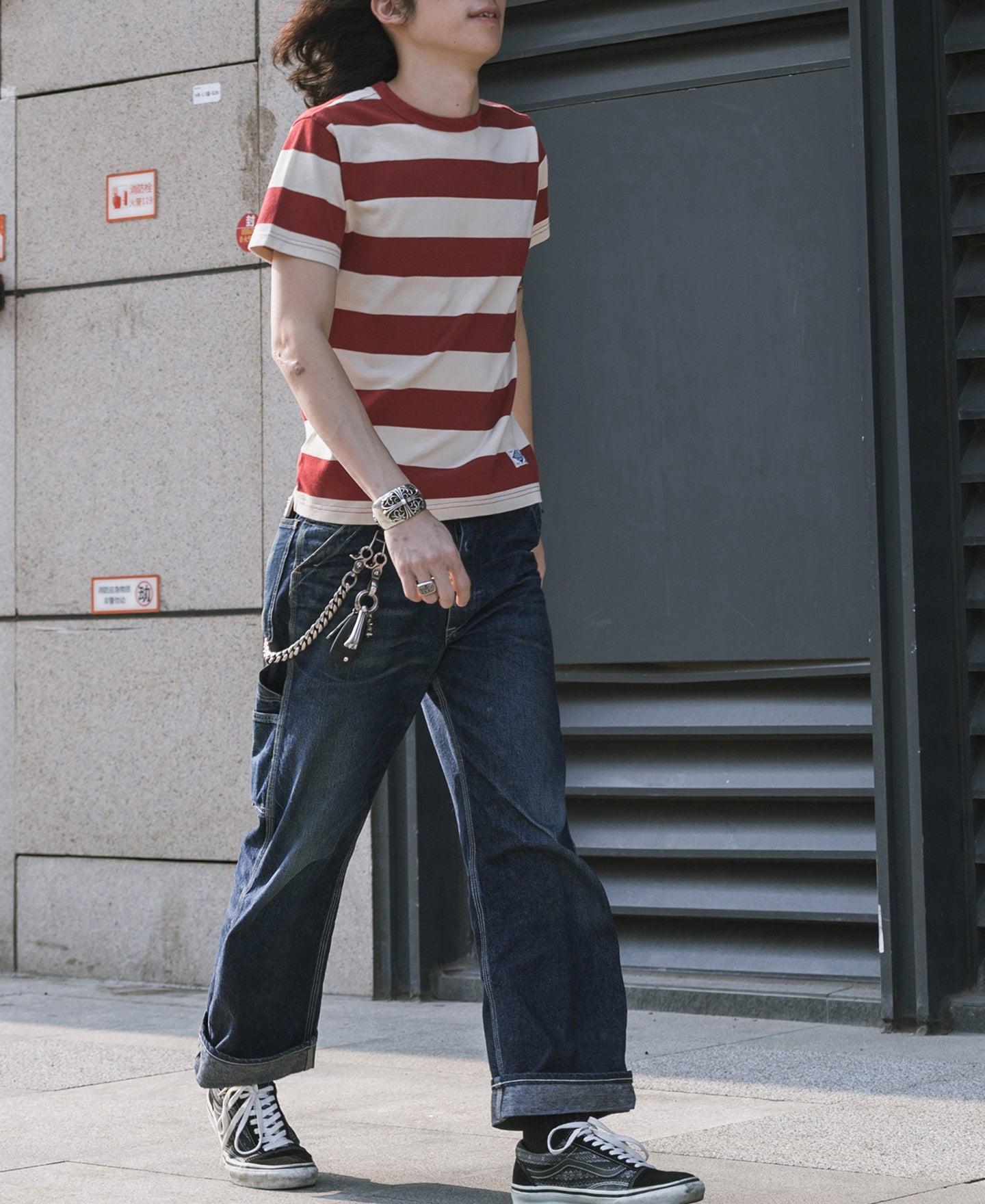 Heavyweight Cotton Wide Striped T-Shirt - Red/Apricot Product Image