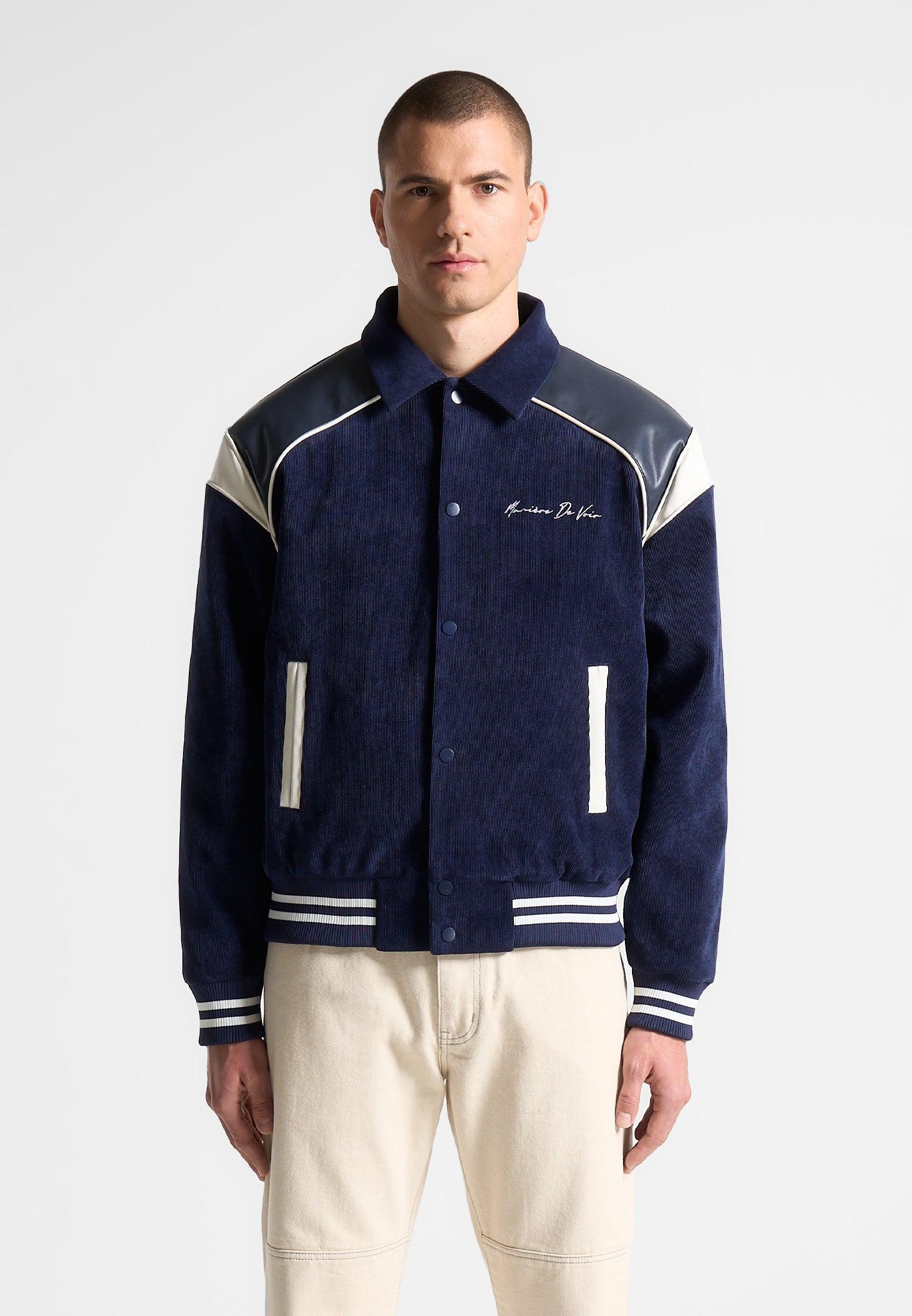 Raglan Corduroy Eiffel Varsity Jacket - Navy Male Product Image