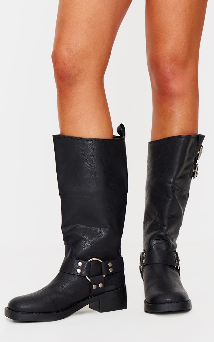 Black PU Round Toe Double Buckle Knee High Boots Product Image