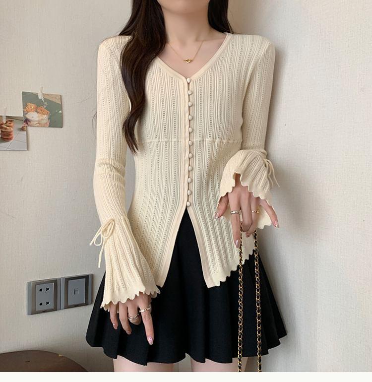 Long-Sleeve V-Neck Plain Pointelle Button Knit Top Product Image