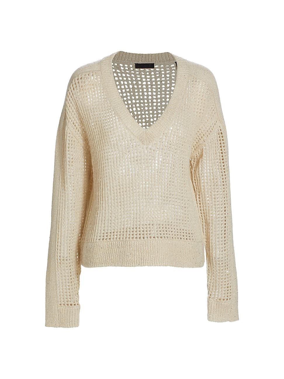 Womens Sequined Open-Knit V-Neck Sweater Product Image