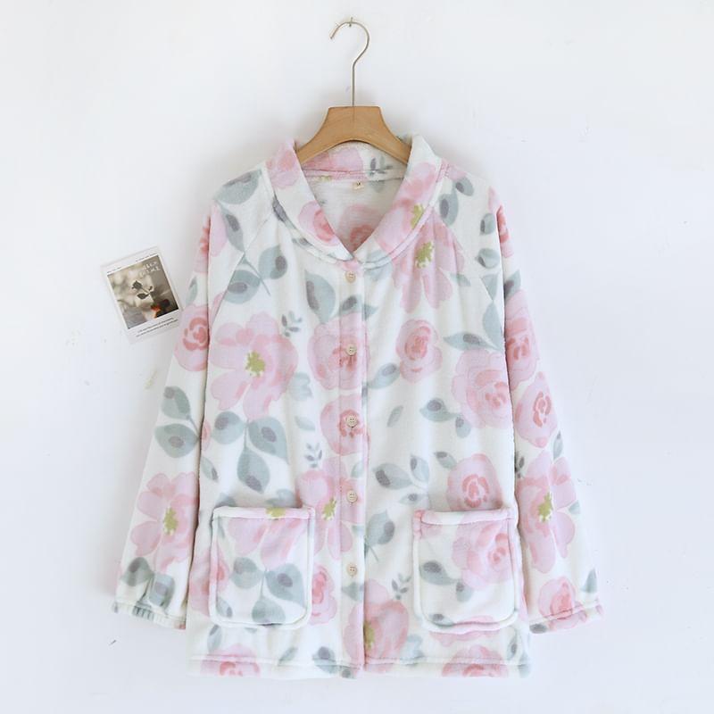 Collar Print Fleece Button Pajama Top Product Image