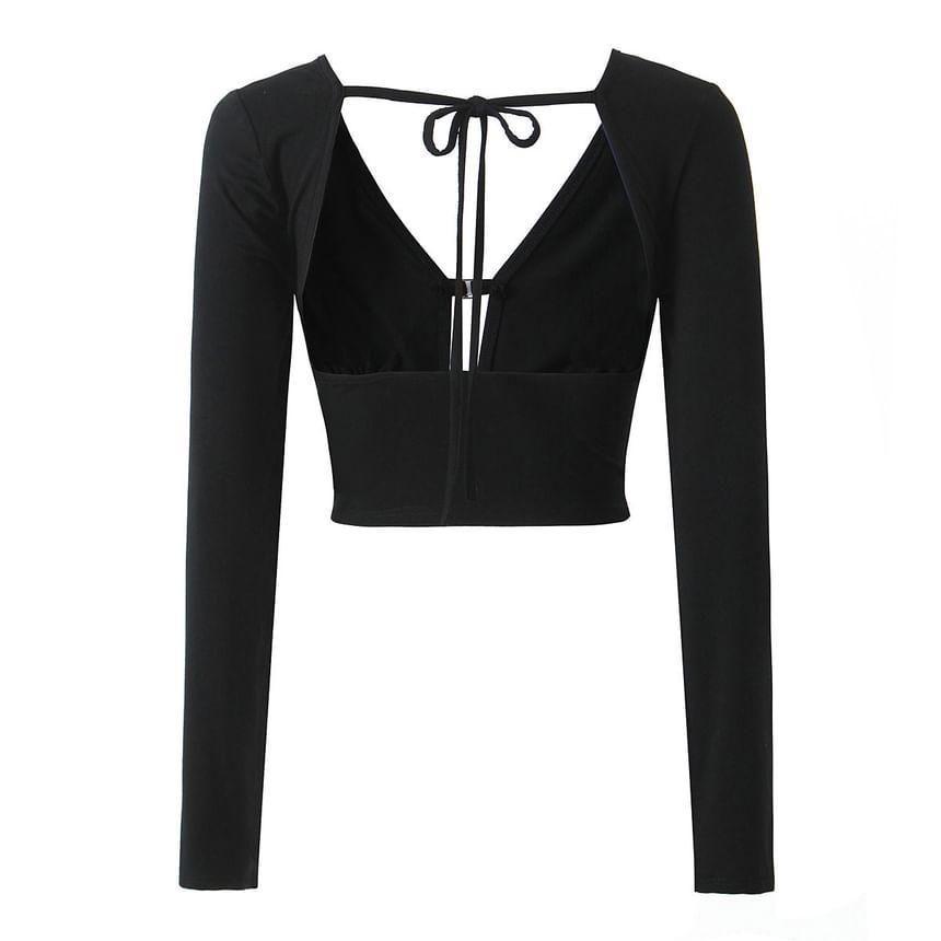 Long-Sleeve V-Neck Plain Crop Top Product Image