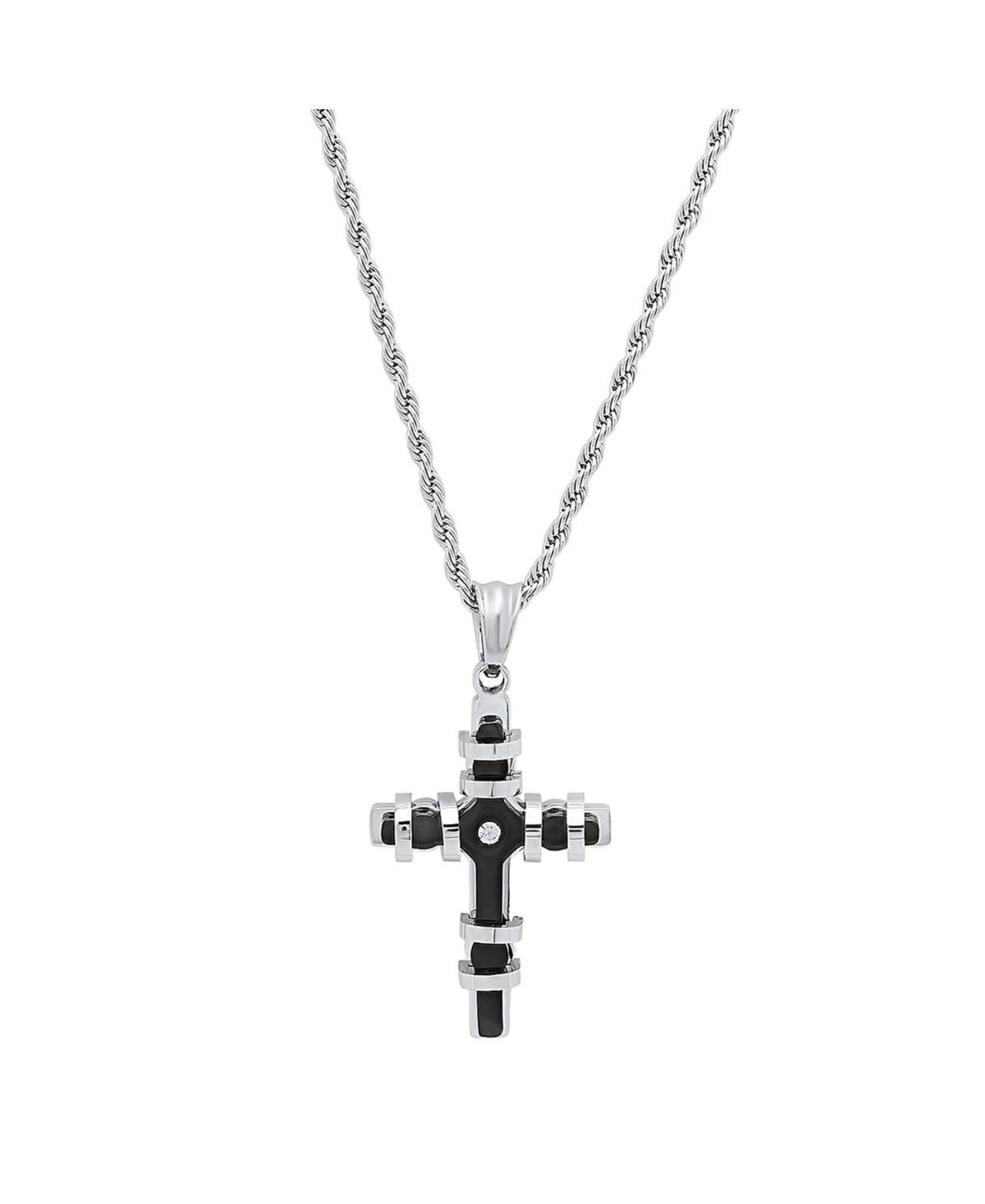 Steeltime Mens Two Toned black Ip Plated Stainless Steel Cross Pendant with Simulated Diamond Necklaces Product Image