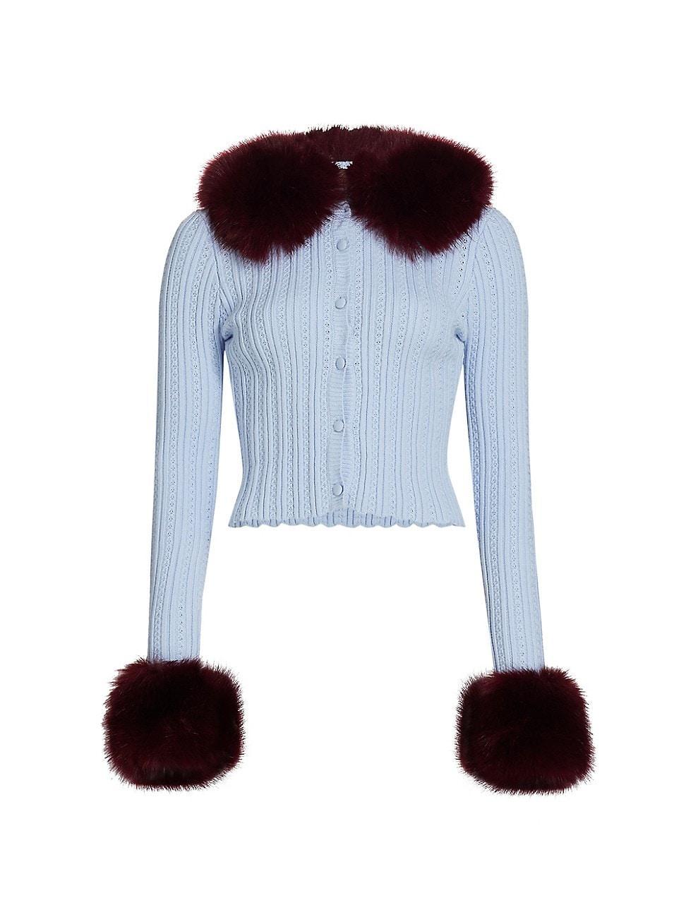 Womens Faux-Fur Pointelle Knit Cardigan Product Image