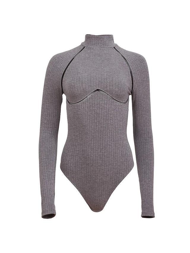 Womens Lace Trim Rib-Knit Long-Sleeve Bodysuit Product Image