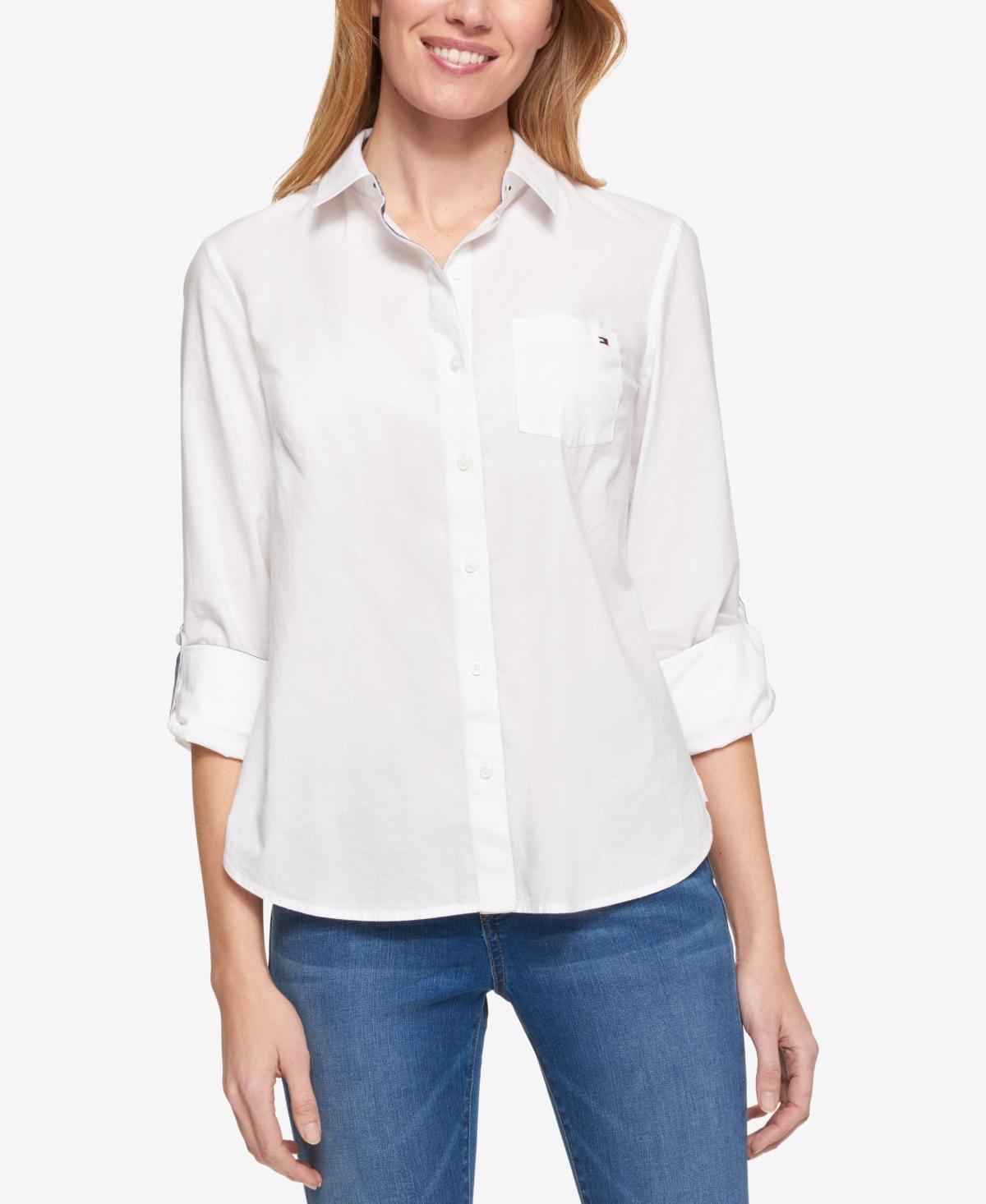 Tommy Hilfiger Womens Cotton Roll-Tab Button-Up Shirt Product Image