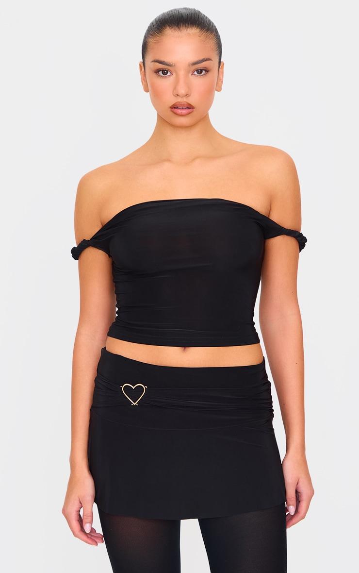 Black Slinky Jersey Heart Detail Floaty Mini Skirt Product Image