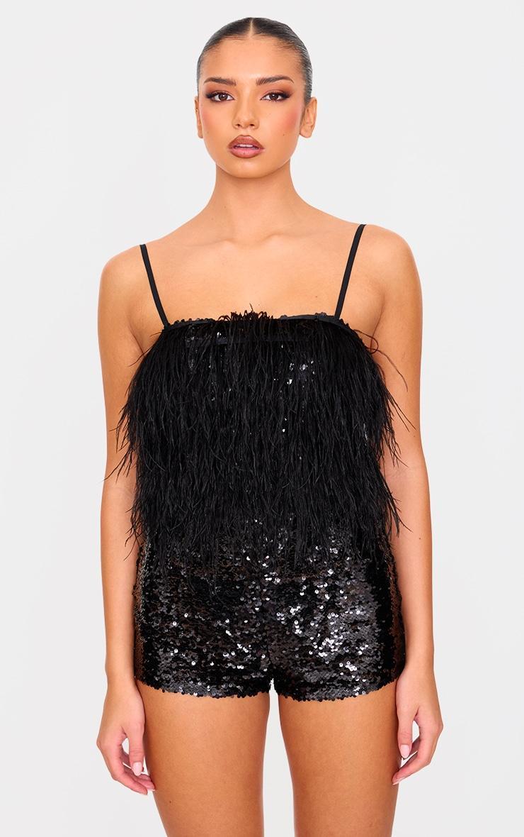 Black Feather Detail Strappy Sequin Romper Product Image