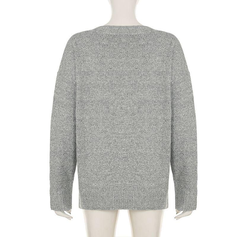 Drop Shoulder V-Neck Plain Oversized Sweater Product Image