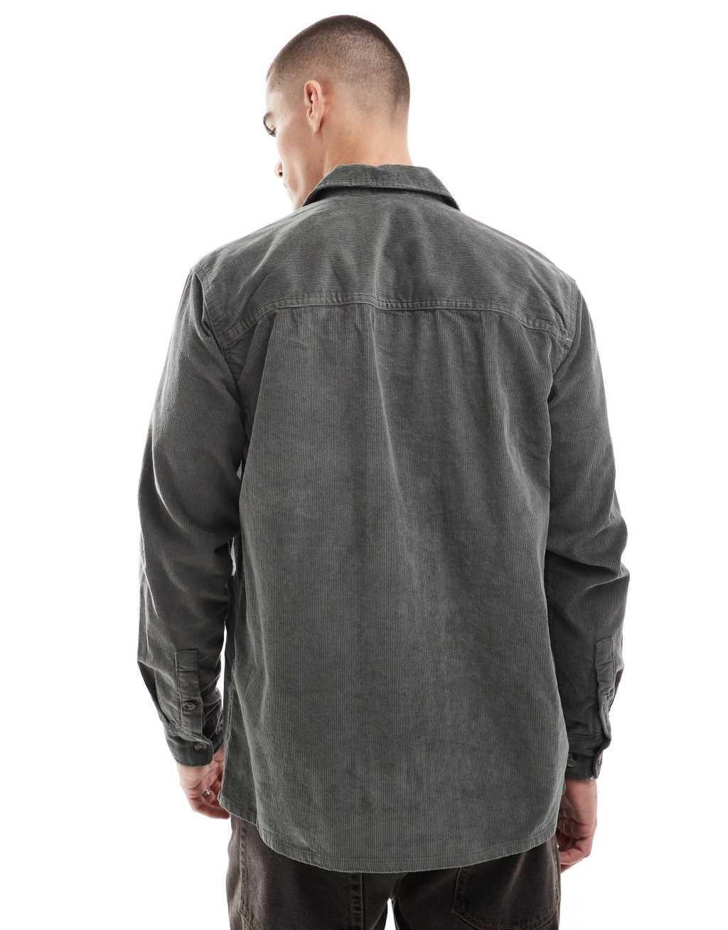 ONLY & SONS zip up cord overshirt in dark khaki Product Image