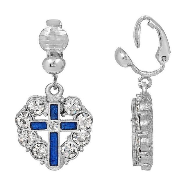 Symbols of Faith Enamel Cross Crystal Heart Earrings, Womens, Blue Product Image