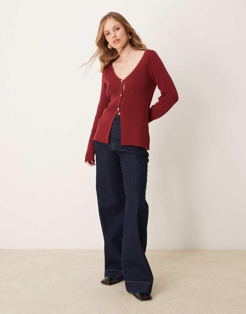 ASOS DESIGN knitted v neck structured cardigan with gold buttons in burgundy Product Image