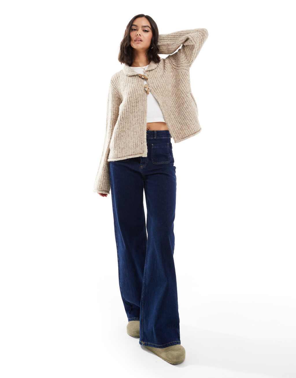 Vero Moda knit heavyweight toggle cardigan in oatmeal Product Image