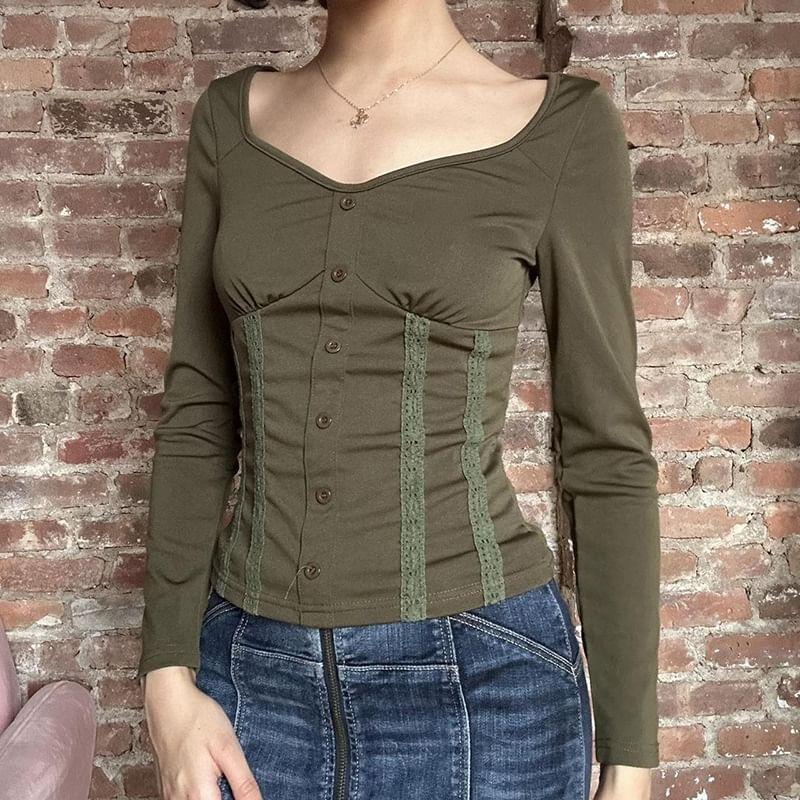 Long Sleeve Sweetheart Neck Button Up Lace Trim Slim Fit Top Product Image