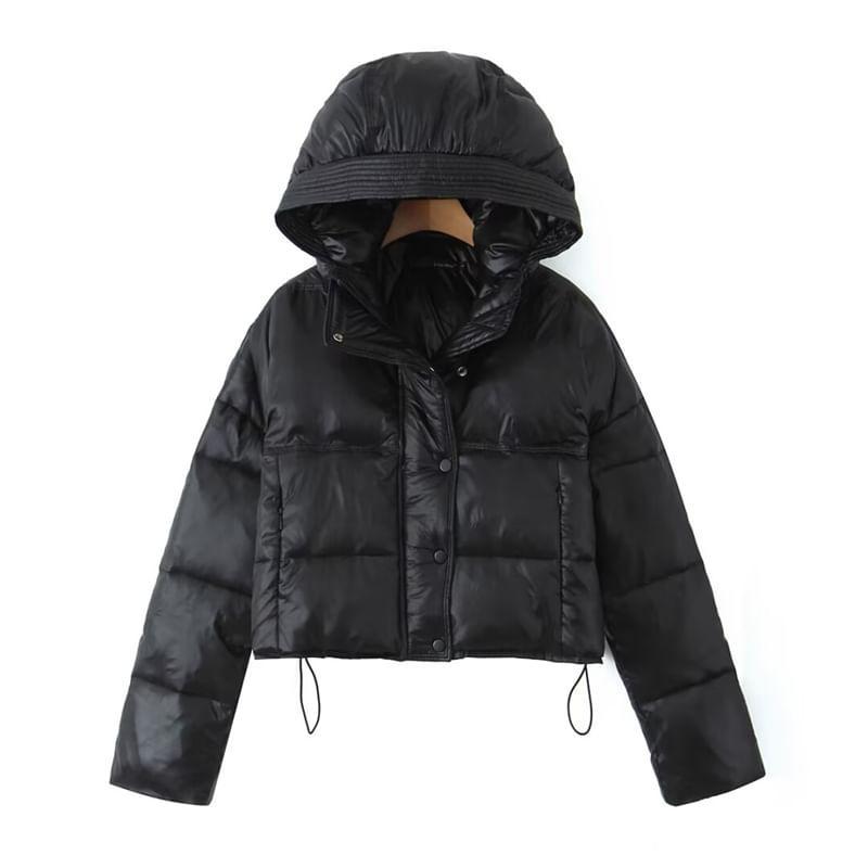 Plain Hooded Single-Breasted Puffer Jacket Product Image