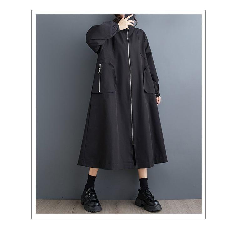 Stand Collar Plain Zip-Up Long Trench Coat Product Image