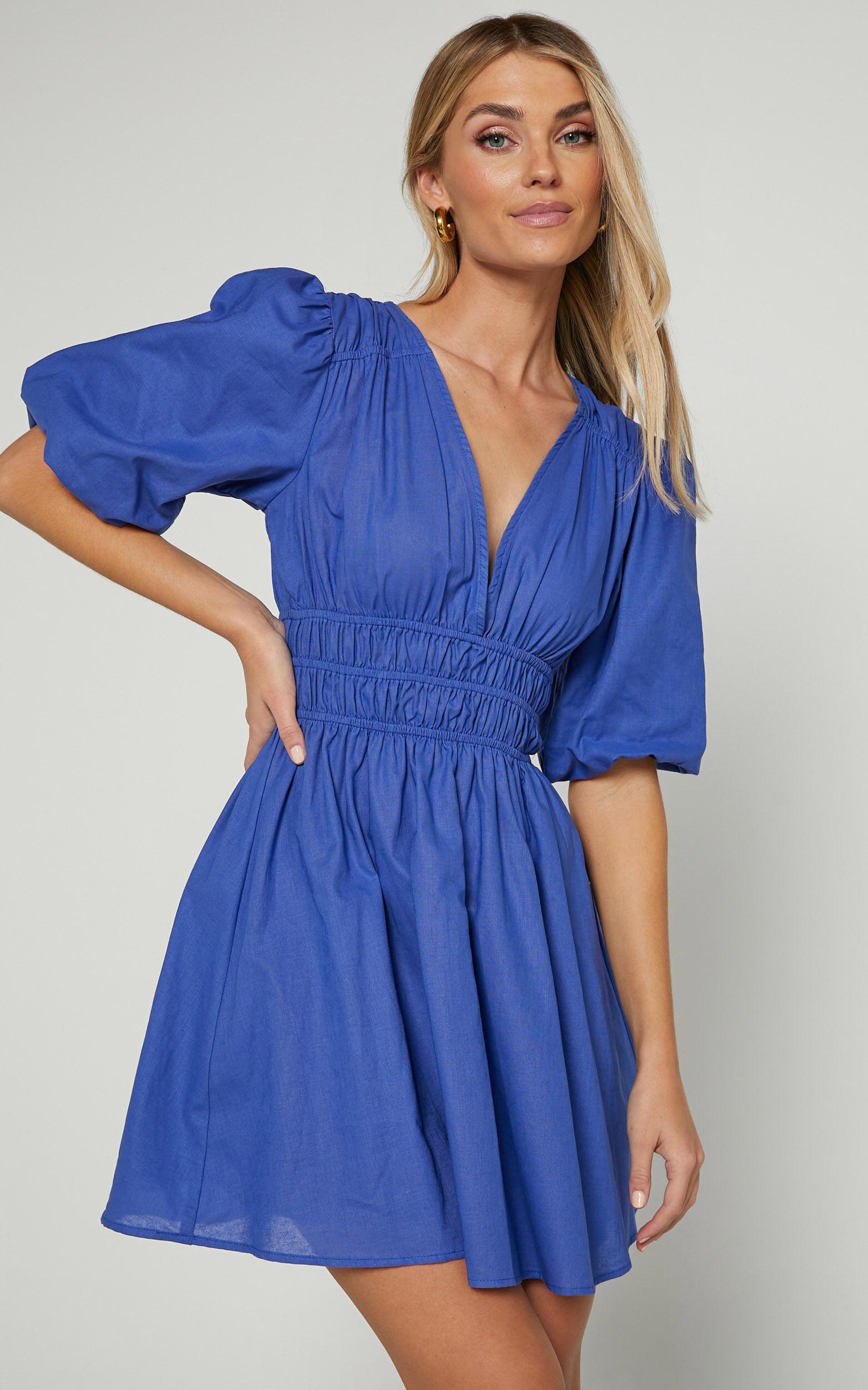 Francesca V Neck Puff Sleeves Mini Dress in Cornflower Blue Product Image