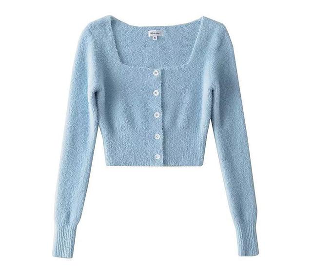 Long-Sleeve Square Neck Plain Button Crop Knit Top Product Image