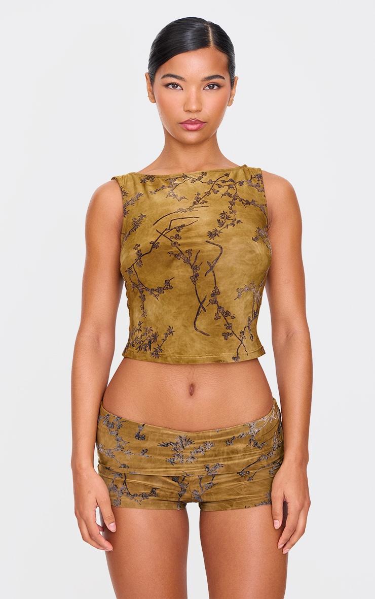 Khaki Floral Print Devore Boat Neck Top Product Image