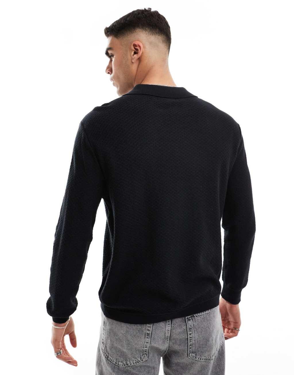 Cotton On long sleeve knitted polo lightweight sweater in black Product Image