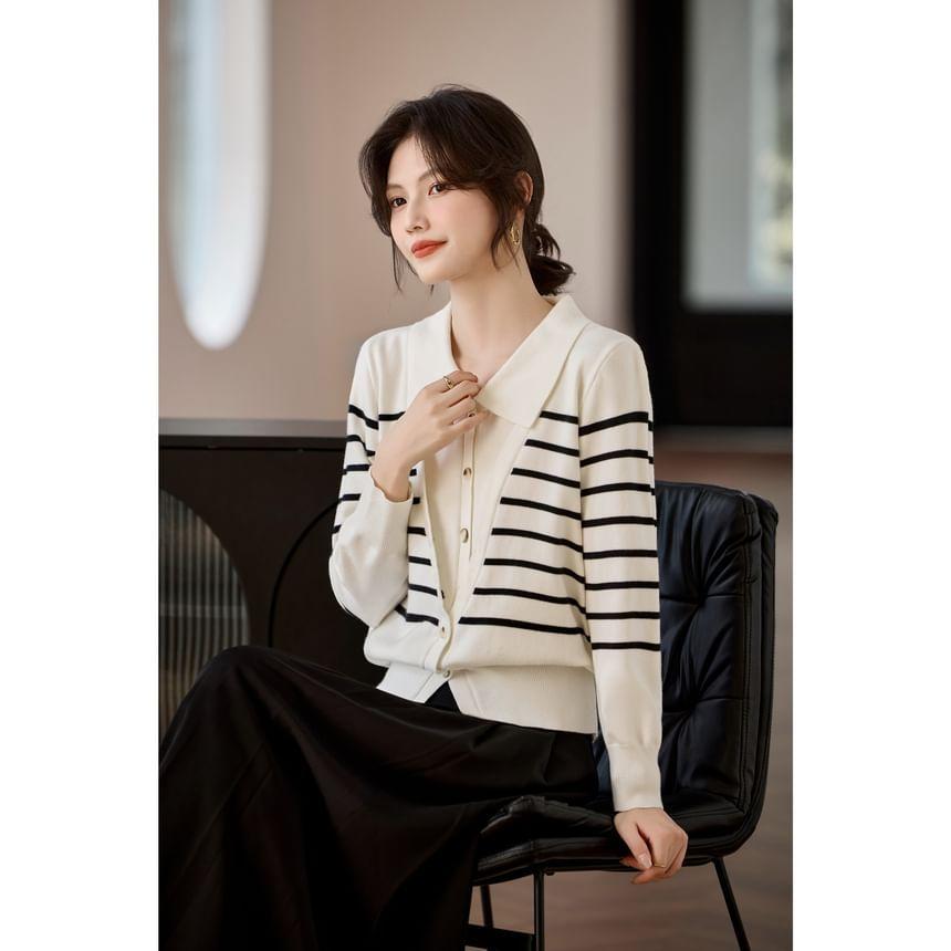 Collared Striped Button-Up Cardigan Product Image