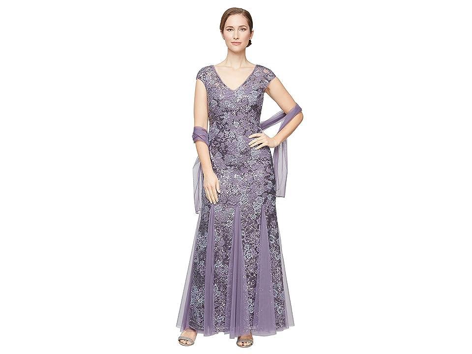 Alex Evenings Long Embroidered Fit-and-Flare Dress with Godet Detail Skirt and Shawl (Icy Orchid) Women's Dress Product Image