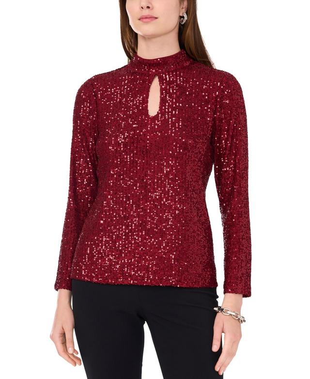 Msk Womens Sequin Keyhole-Neck Long-Sleeve Top Product Image