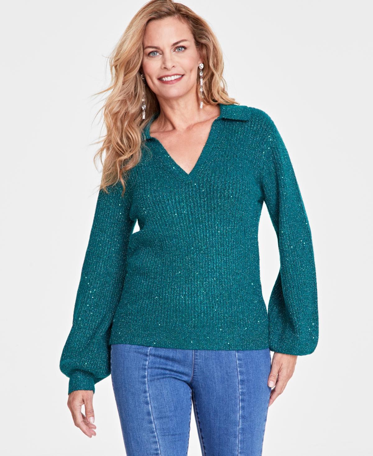 I.n.c. International Concepts Womens Sequin-Embellished Collared Long-Sleeve Sweater, Created for Macys Product Image